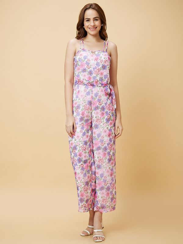 Globus Women Multicolor Floral Print Strappy Casual Jumpsuit with Waist Tie-Up