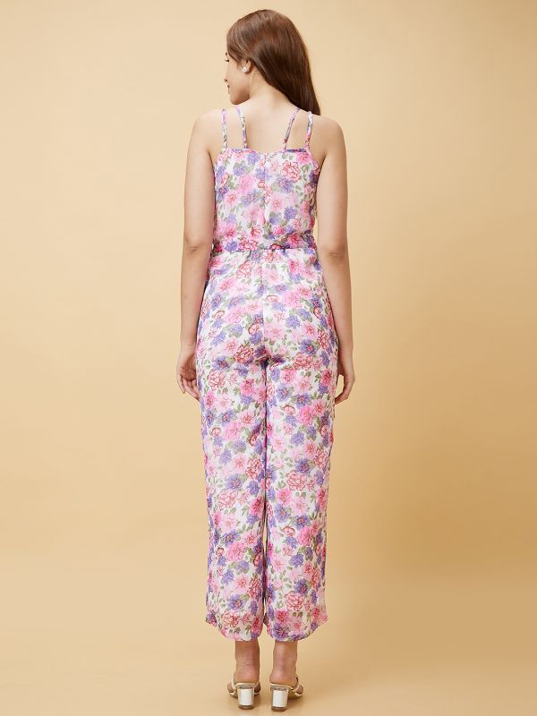 Globus Women Multicolor Floral Print Strappy Casual Jumpsuit with Waist Tie-Up