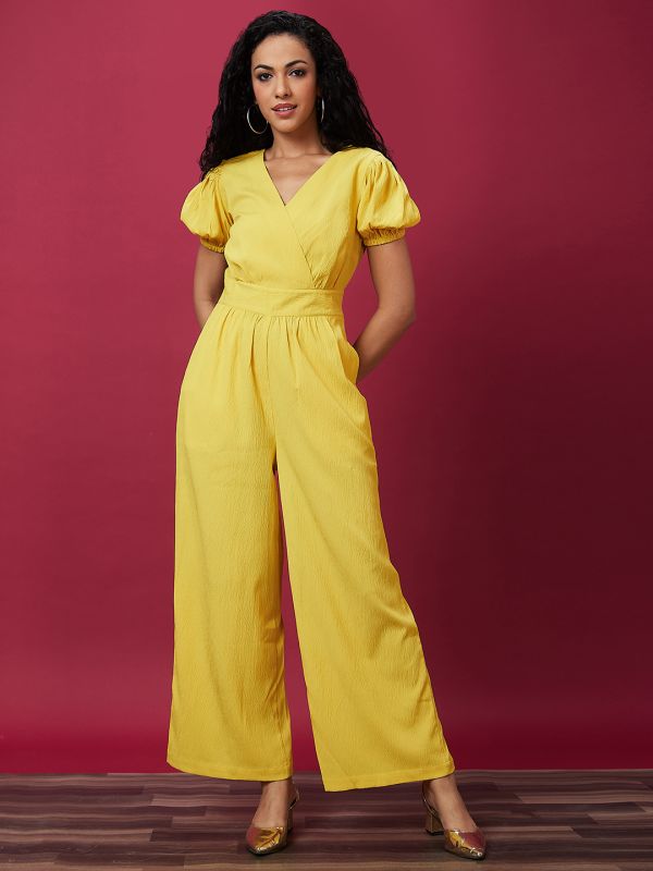 Globus Women Yellow Solid Short Sleeves Wrap V-Neck Basic Jumpsuit