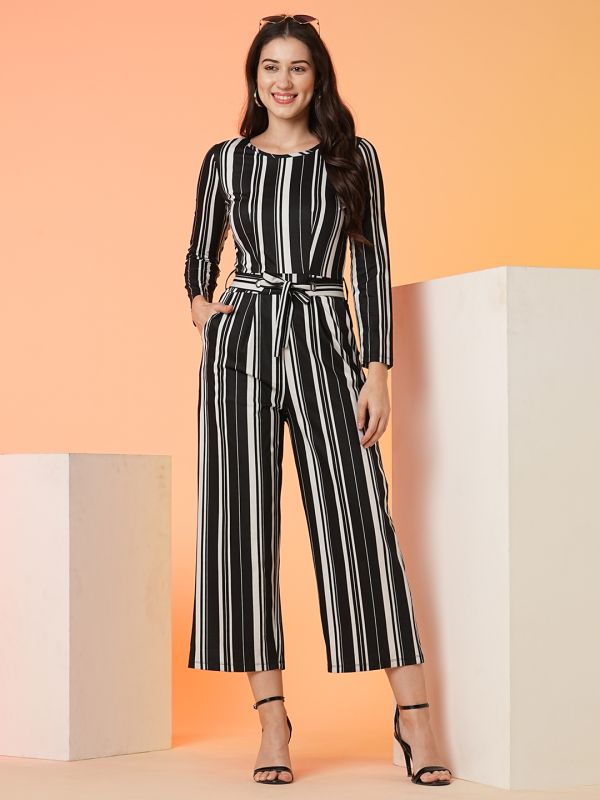 Globus Women Multi Black Striped Long Sleeve Jumpsuit