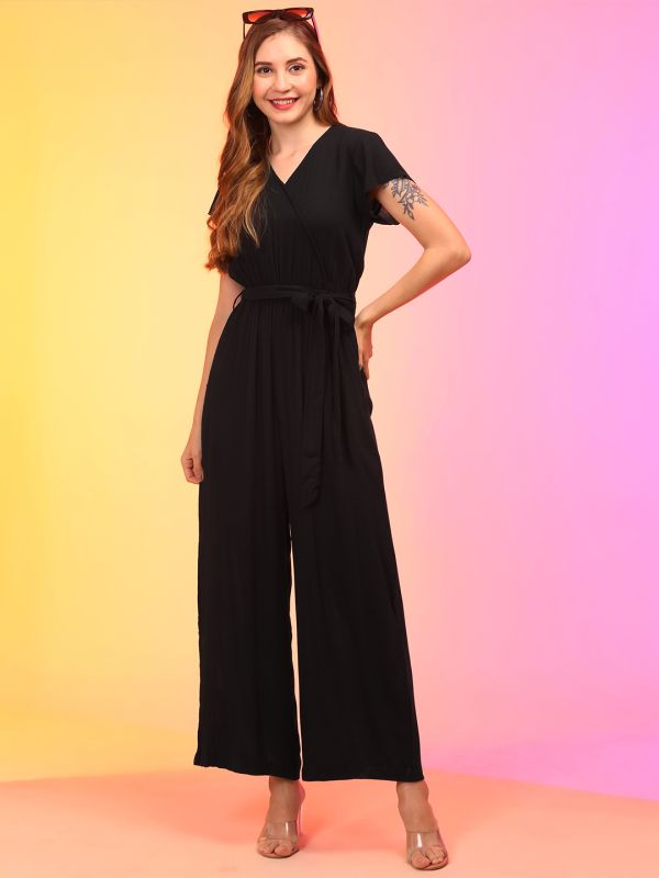 Globus Women Black Tie & Dye V-Neck Wrap Waist Tie-Up Jumpsuit