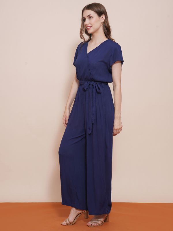 Globus Women Navy Blue Wrap Neck Cap Sleeves Waist Tie-Up Wide-Leg Jumpsuit