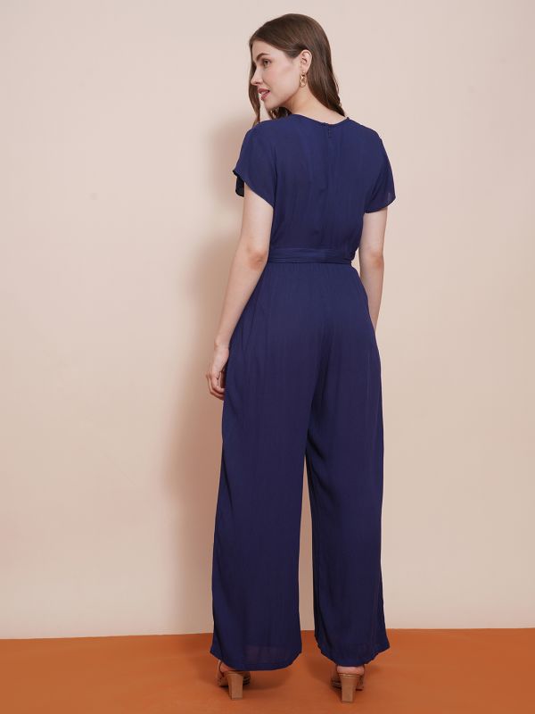 Globus Women Navy Blue Wrap Neck Cap Sleeves Waist Tie-Up Wide-Leg Jumpsuit