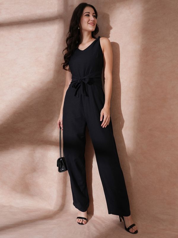 Globus Women Black V-Neck Waist Tie-Up Longline Jumpsuit 