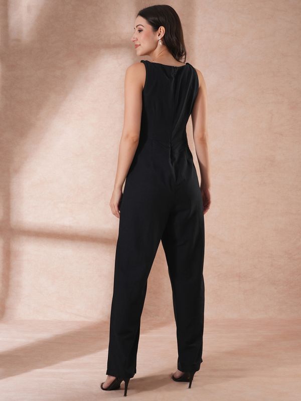 Globus Women Black V-Neck Waist Tie-Up Longline Jumpsuit 