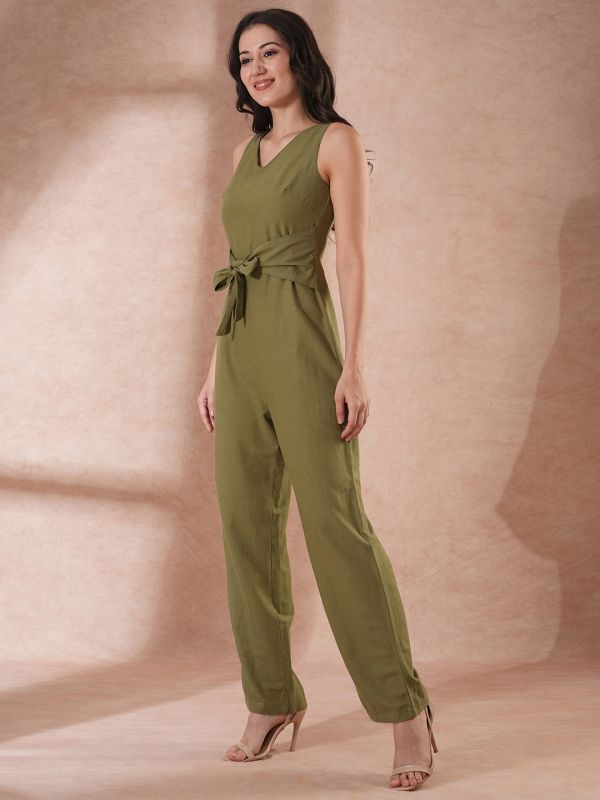 Globus Women Olive V-Neck Waist Tie-Up Longline Jumpsuit 