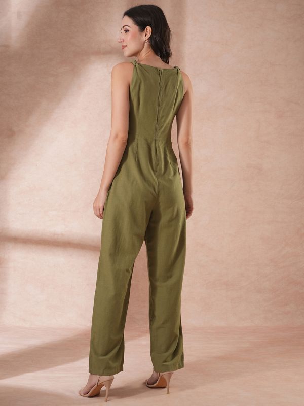 Globus Women Olive V-Neck Waist Tie-Up Longline Jumpsuit 