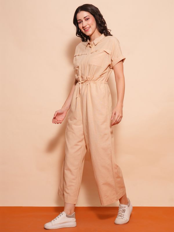 Globus Women Beige Shirt Collar Waist Tie-Ups Cargo Style Wide Leg Casual Jumpsuit