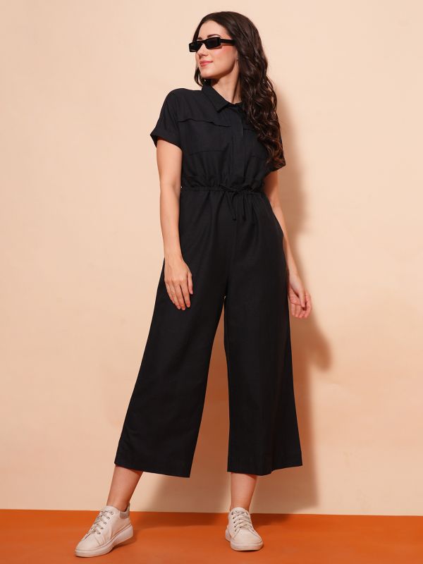 Globus Women Black Shirt Collar Waist Tie-Ups Cargo Style Wide Leg Casual Jumpsuit