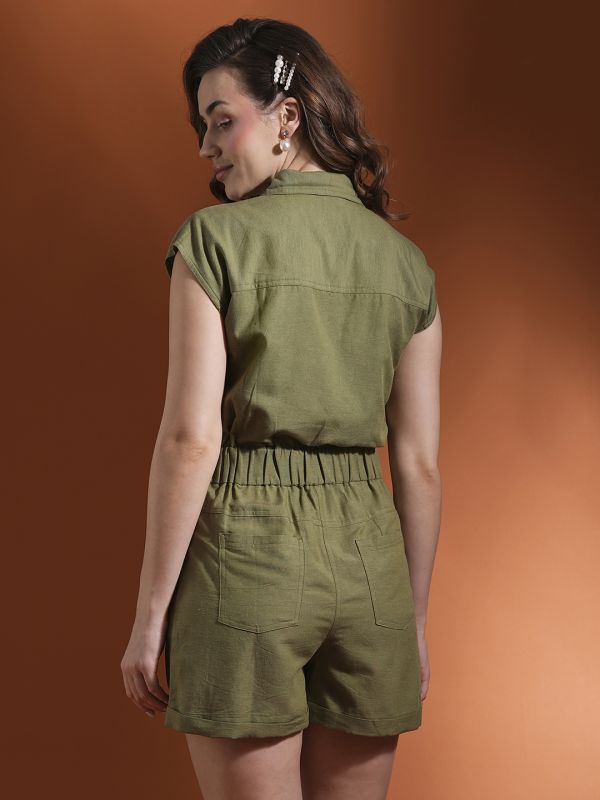 Globus Women Olive Shirt Collar Big Button Closure Military Style Mini Causal Jumpsuit 