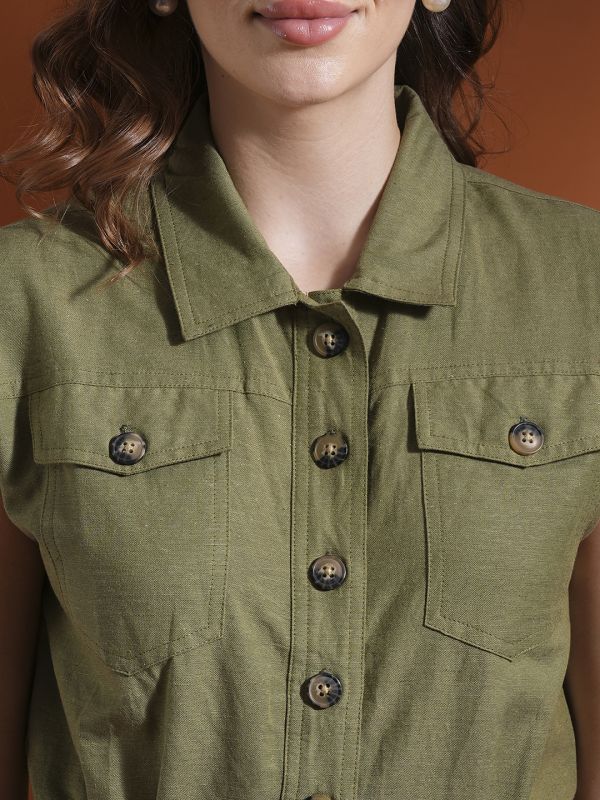 Globus Women Olive Shirt Collar Big Button Closure Military Style Mini Causal Jumpsuit 