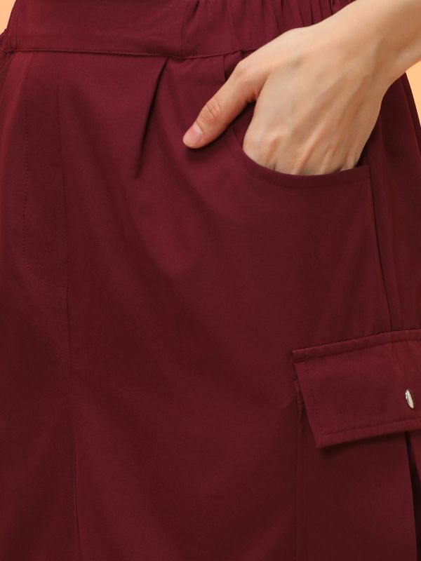 Globus Women Maroon Stretchable Utility Inspired Mini Cargo Skirt With Toggle Hem