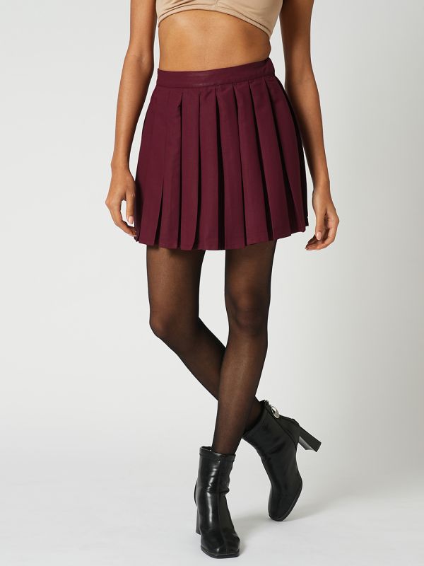 Globus Women Maroon High-Rise Korean Pleated Mini Peplum Tennis Skirt