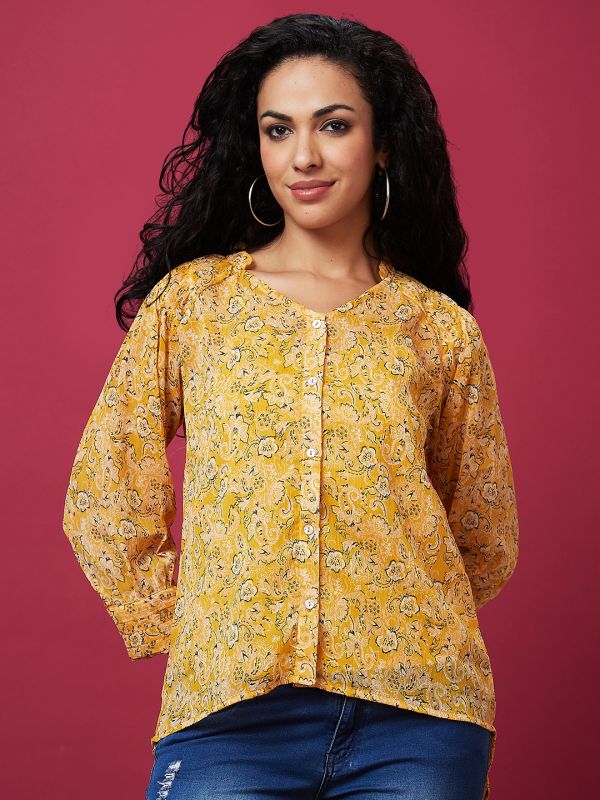 Globus Women Yellow Floral Print V-Neck Cuffed Sleeves Ruffle Top