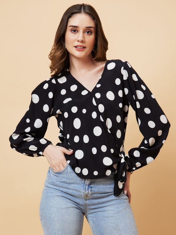 Globus Women Black Polka Dots Print Side Tie-Up Wrap Top