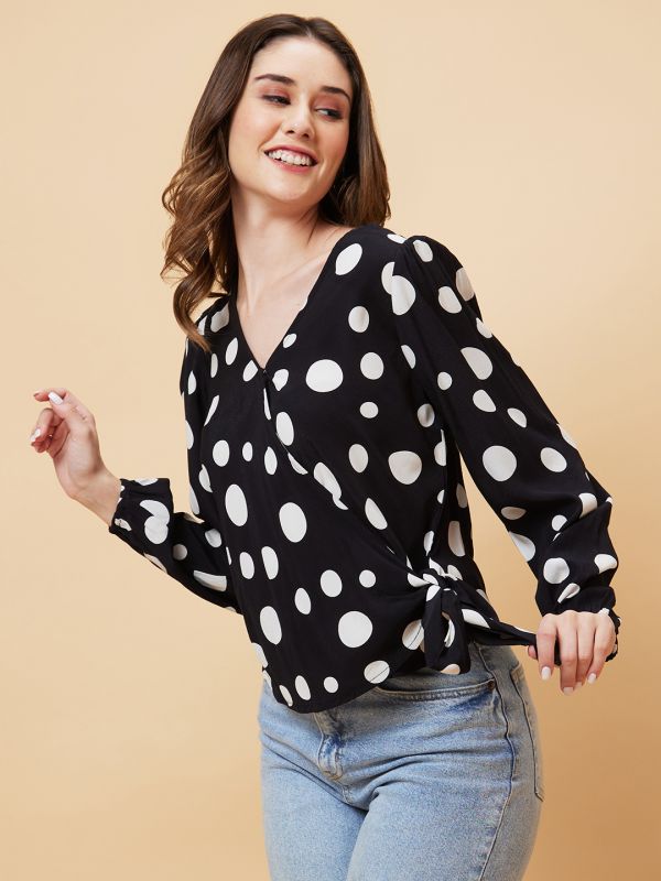 Globus Women Black Polka Dots Print Side Tie-Up Wrap Top