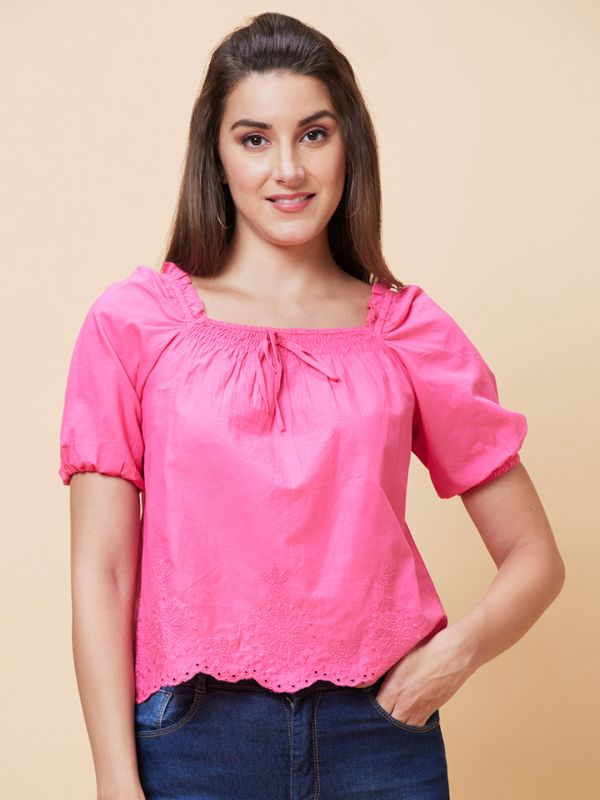 Globus Women Pink Solid Schiffli Square Neck Smocked Casual Top