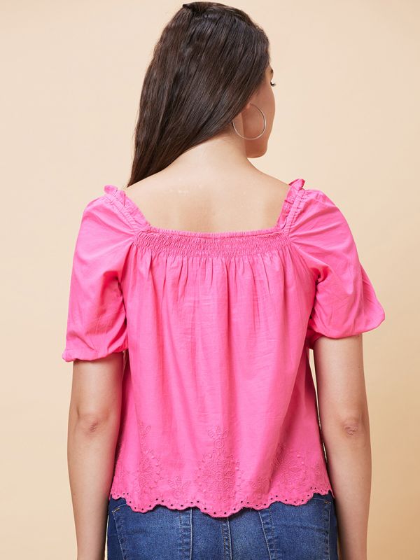 Globus Women Pink Solid Schiffli Square Neck Smocked Casual Top