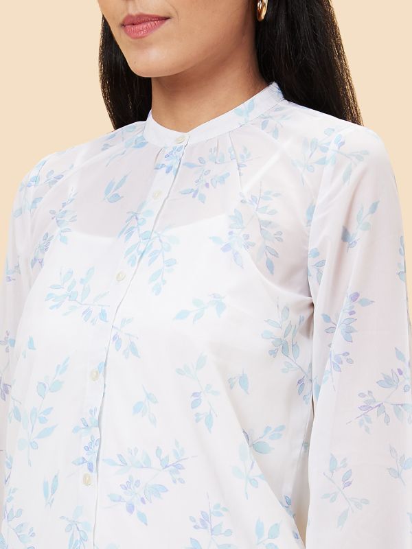 Globus Women White Printed Mandarin Collar Casual Top