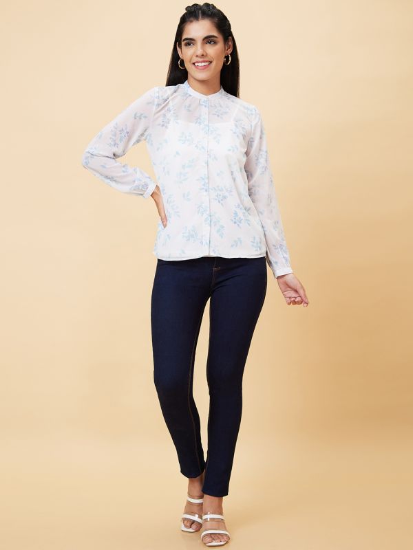 Globus Women White Printed Mandarin Collar Casual Top