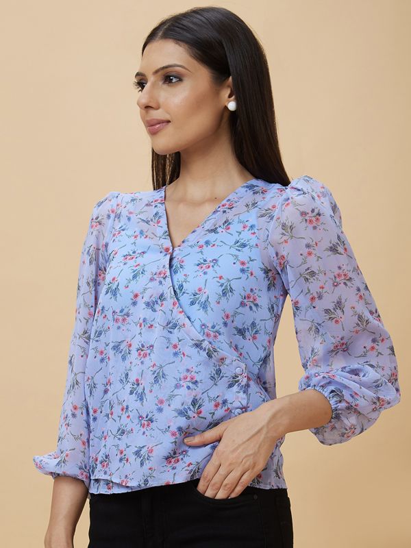 Globus Women Blue Floral Print Casual Wrap Top