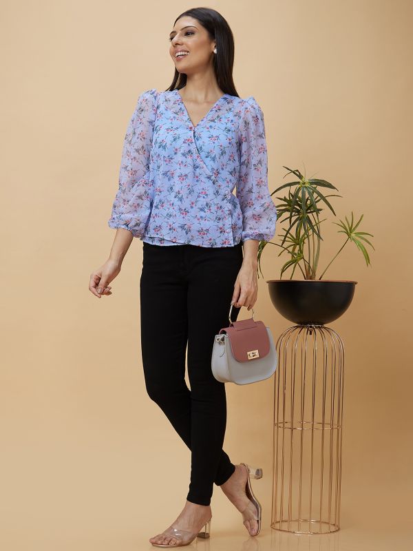 Globus Women Blue Floral Print Casual Wrap Top