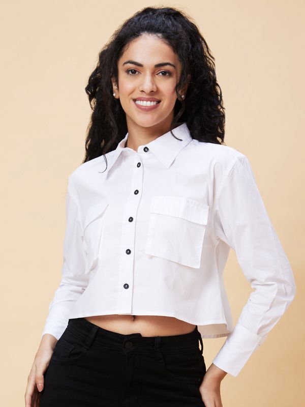 Globus Women White Solid Casual Shirt Style Crop Top