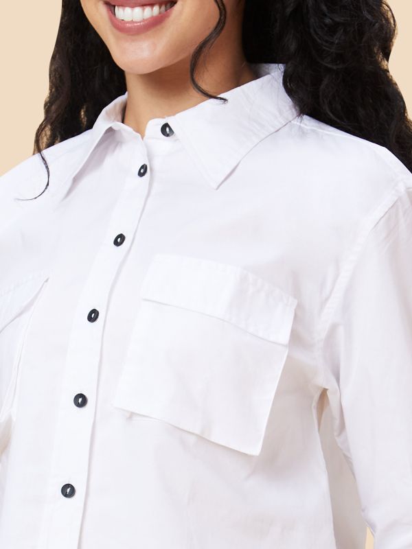 Globus Women White Solid Casual Shirt Style Crop Top