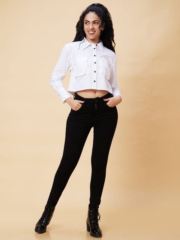 Globus Women White Solid Casual Shirt Style Crop Top