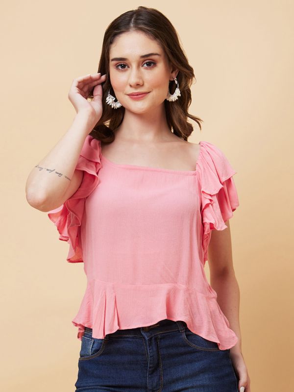 Globus Women Pink Solid Ruffle Sleeves Top