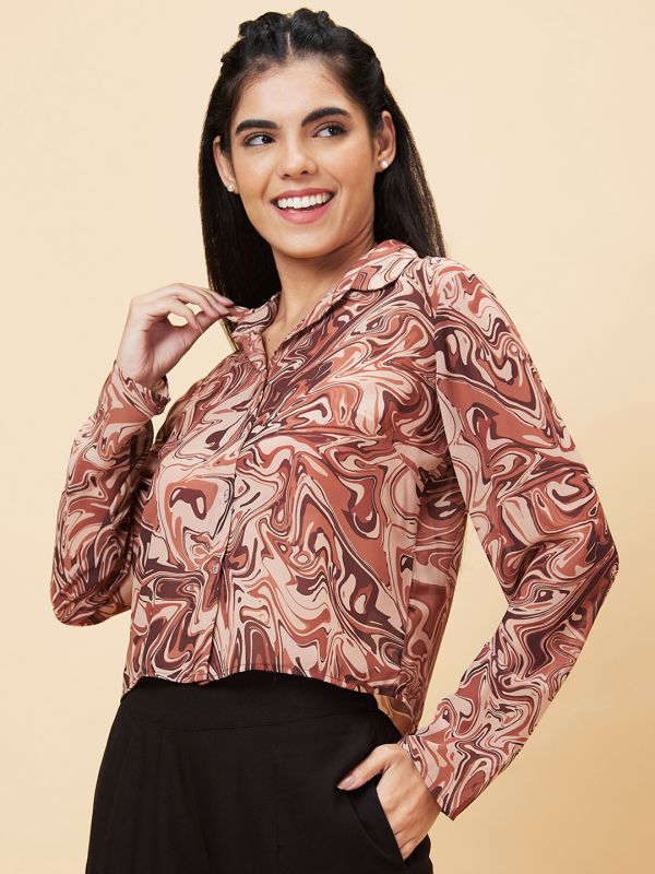 Globus Women Brown Printed Shirt Collar Casual Top