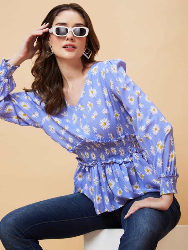 Globus Women Blue Floral Print Smocked Top