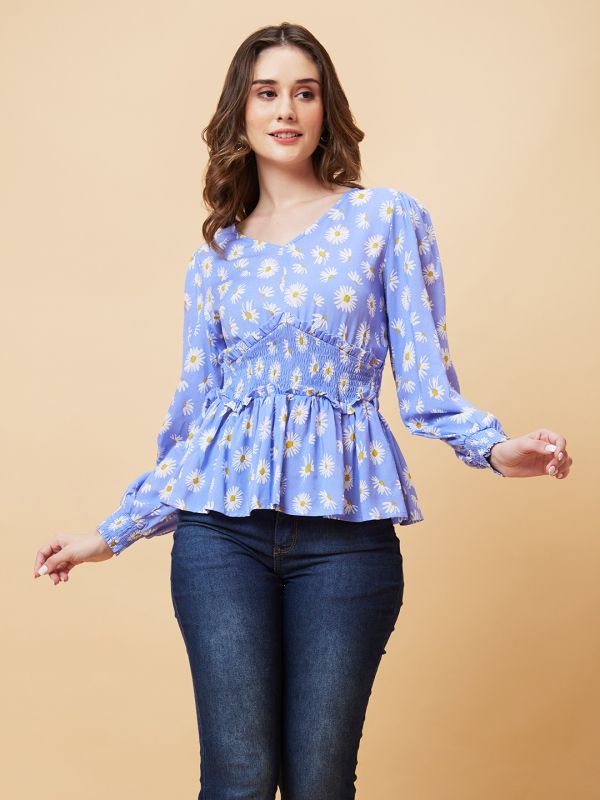 Globus Women Blue Floral Print Smocked Top