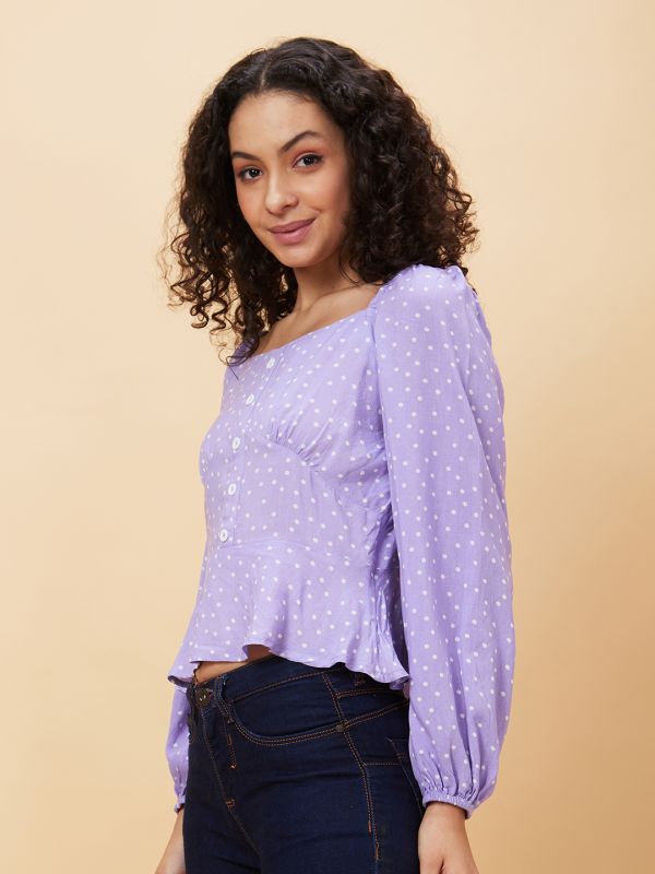 Globus Women Lavender Printed Sweetheart Neck Casual Top