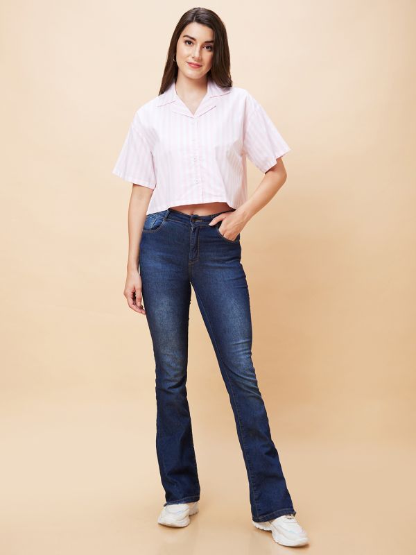 Globus Women White Striped Casual Shirt Style Crop Top