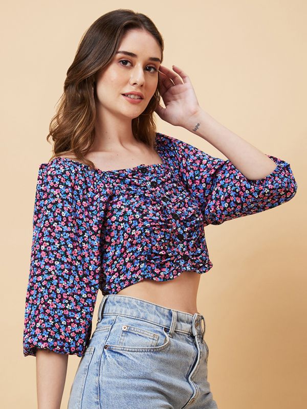 Globus Women Black Ditsy Floral Crop Top