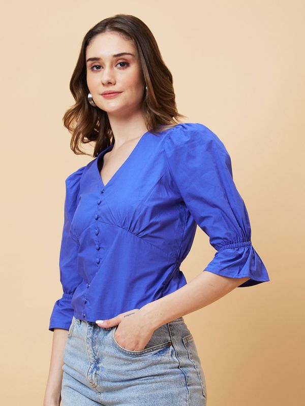 Globus Women Blue Solid V-Neck Crop Top