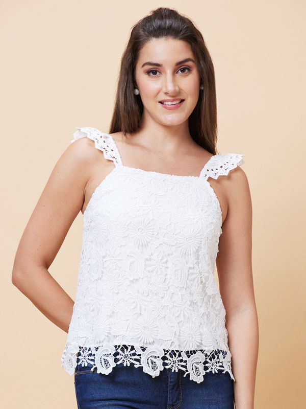 Globus Women White Self Design Strappy Casual Lace Top