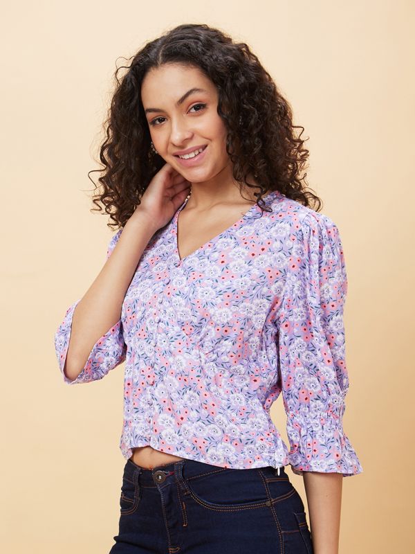 Globus Women Lavender Printed V-Neck Casual Top