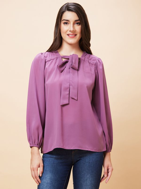 Globus Women Mauve Solid Tie-Up Neck Casual Top