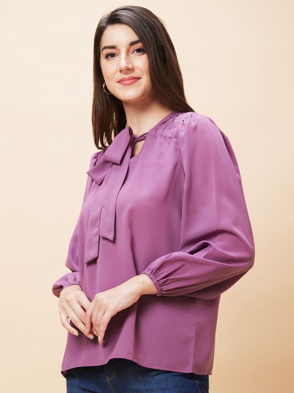 Globus Women Mauve Solid Tie-Up Neck Casual Top