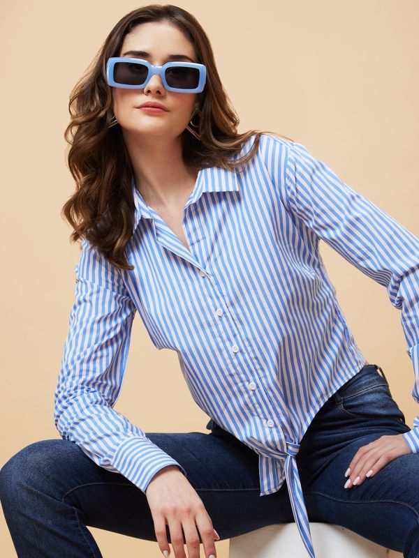 Globus Women Blue Striped Shirt Style Top