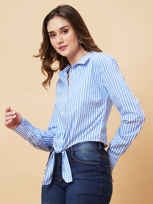 Globus Women Blue Striped Shirt Style Top