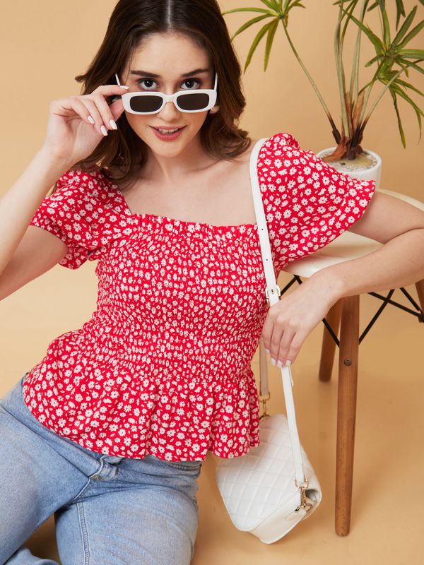 Globus Women Red Dobby Floral Print Smocked Top