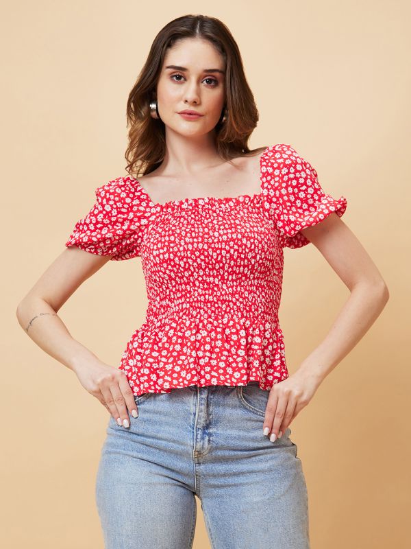 Globus Women Red Dobby Floral Print Smocked Top