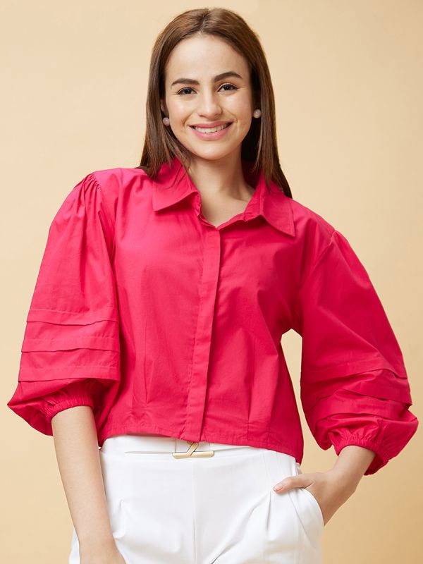 Globus Women Pink Solid Shirt Collar Casual Top