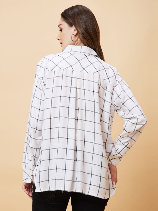 Globus Women White Checked Oversized Shirt Style Top