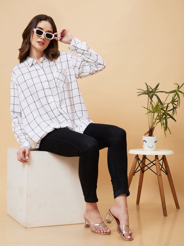 Globus Women White Checked Oversized Shirt Style Top