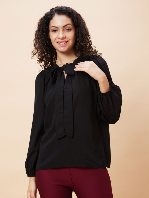 Globus Women Black Solid Tie-Up Neck Casual Top