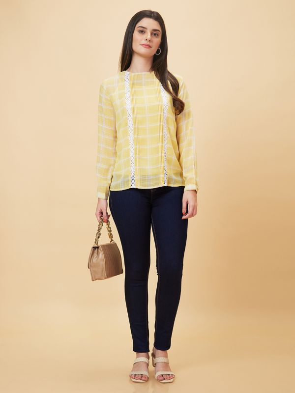 Globus Women Yellow Checked Round Neck Casual Top